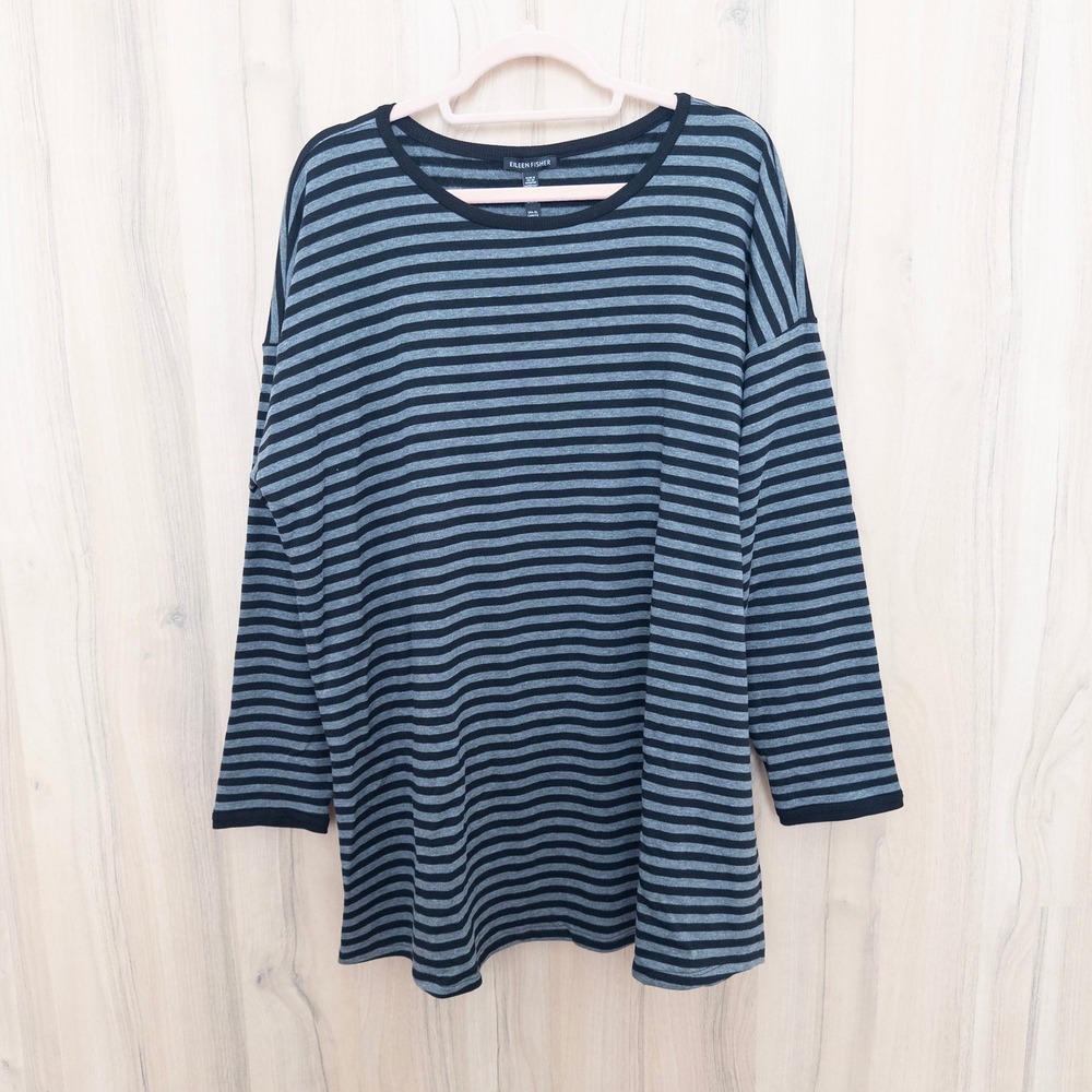 Eileen Fisher Womens Striped Top XL Grey Long Sleeve Parisian Quiet Luxury Chic